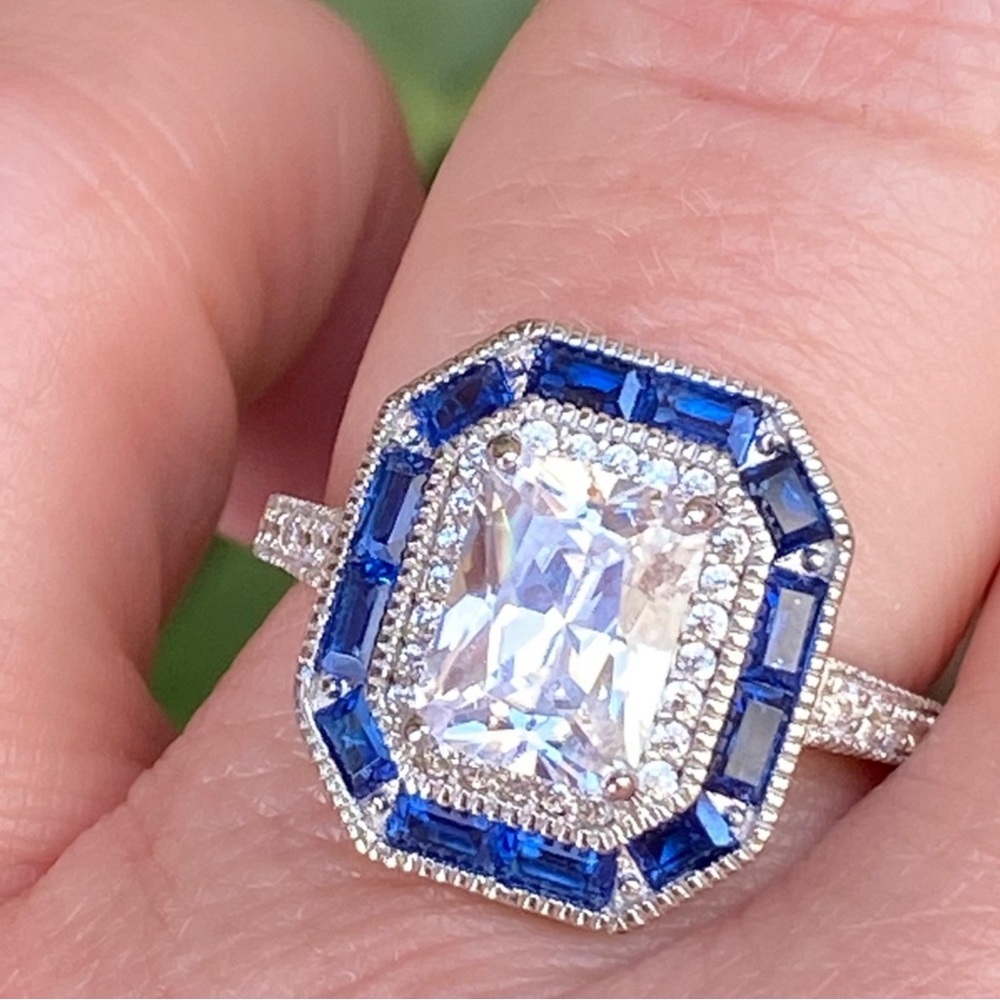 Sterling Silver Lab Sapphire Ring with Intricate Detailing Size 7 - Picture 5 of 15